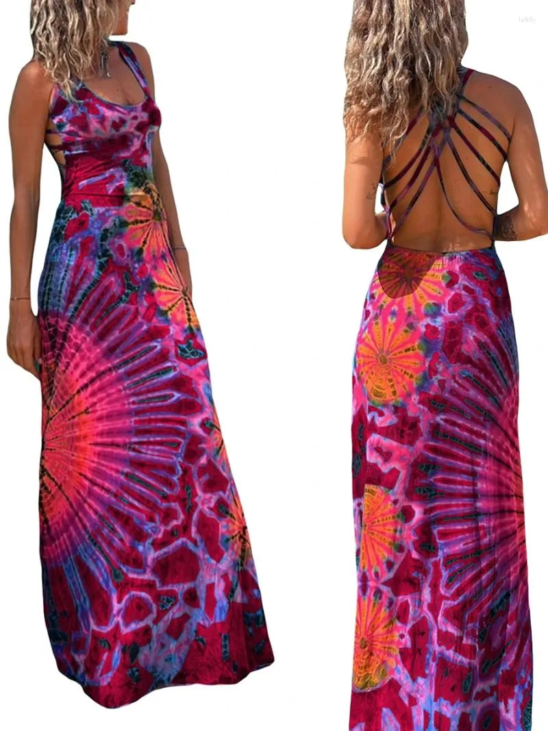 Casual Dresses Women Y2k Tie Dye Long Dress Sexy Sleeveless Open Back Colorful Maxi Floral Printed Slip Boho Beach Party Sundress