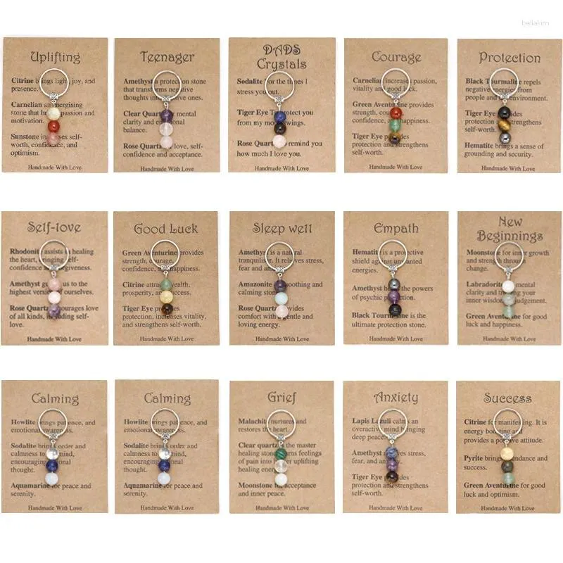 Keychains Natural Stone Beads Key Ring Chakras Healing Crystal Beaded Chain Keyholder Metal Keychain Bags Pendant DIY Accessories Card
