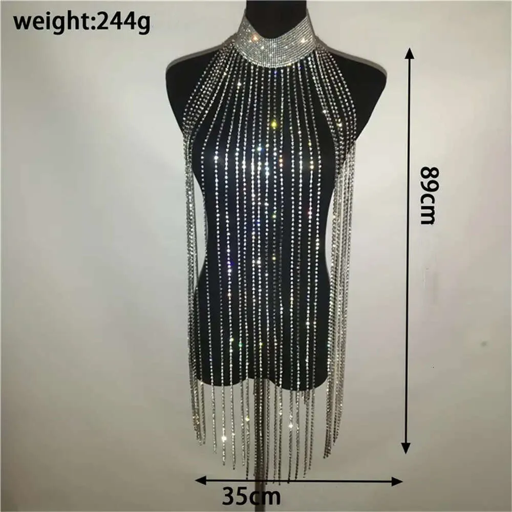 Costume Accessories Women Crop Tank Top Glitter Rhinestone Crystal Metal Chain Tassel Sexy See Through Backless Short Sleeve Festival Tops