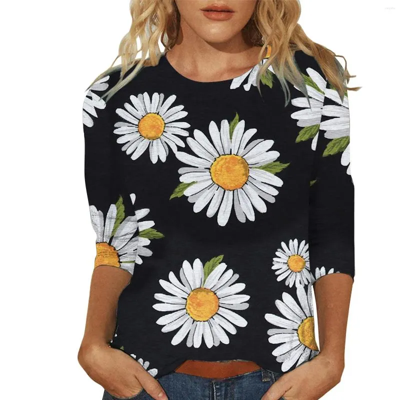 Etniska kläder blusar för kvinnor klänning casual crew hals 3/4 längd ärm toppar sommar blommiga tryck skjortor avslappnad fit tee