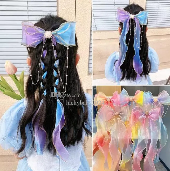 Fairy Girls Bows Clips Clips Ribbon Pearl Pichettes Barrettes Kids Sweet Hair Tie Fashion Multicolor Hair Accessoires