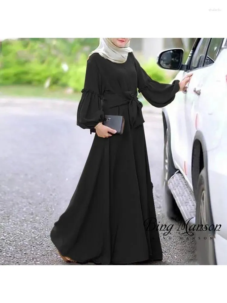 Vestidos informales de la bata musulmana del Medio Oriente de las mujeres Manga larga sólida volante Kaftan islámico cómodo Y2K