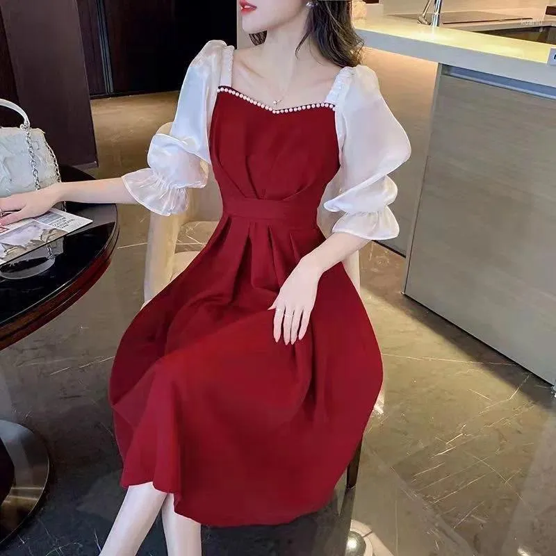 Casual Dresses Womens French Pearl Collar Midi Dress Korean Ladies Evening  Party Red Gown Slim Waist from Dhgate Basic & Casual Dresses - price 28.07