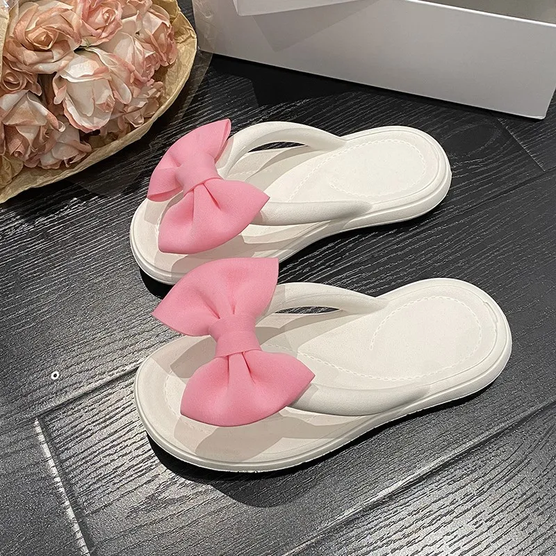 Eva Slippers с милым луком розовые зеленые резиновые квартиры шлепанцы для женских женских девочек летние сандалии пляжные комнаты 2024