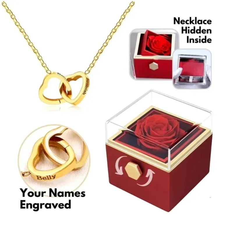 Collar personalizado Nombre grabado de doble corazón Collar de acero Caja de rosas eternas para mujeres Caja de regalo del día de San Valentín 240415