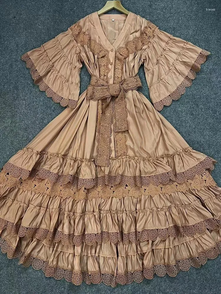 Party Dresses CHICEVER Vintage Solid Midi V Neck Half Sleeve High Waist  Spliced Lace Up Loose Hollow Out Dress for Women from Dhgate Urban Sexy  Dresses - price 98.85