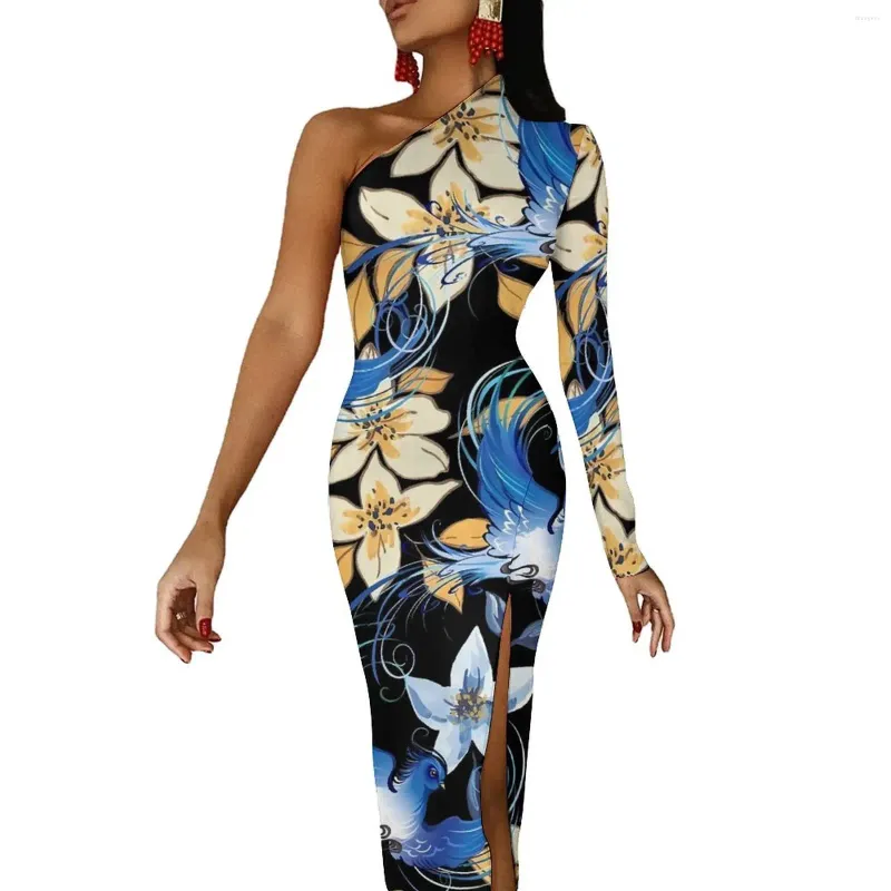Casual Dresses Blue Bird Maxi Dress One Shoulder Flowers Print Party Bodycon Summer Cute Female Pattern Clothing