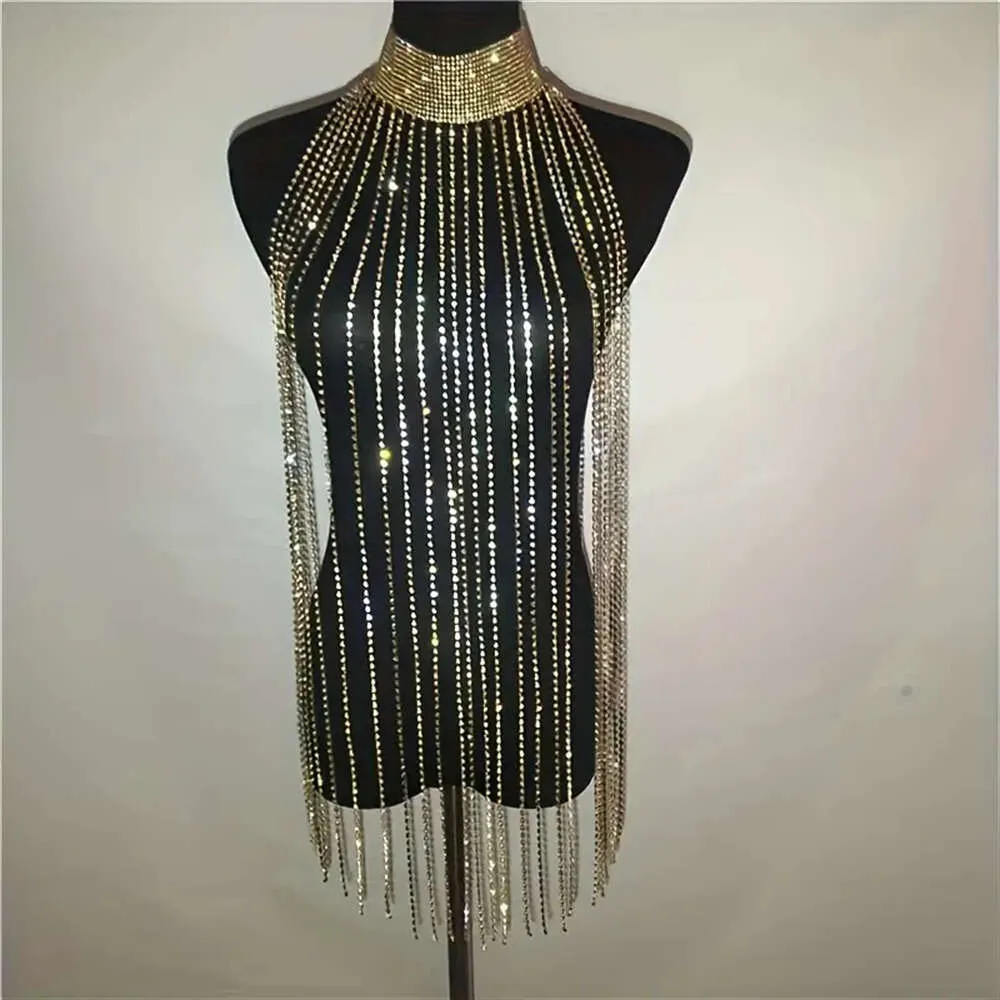 Costume Accessories Women Crop Tank Top Glitter Rhinestone Crystal Metal Chain Tassel Sexy See Through Backless Short Sleeve Festival Tops