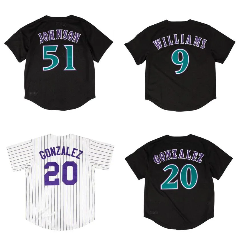 Zszyte koszulki baseballowe 51 Randy Johnson 20 Luis Gonzalez 9 Matt Williams 1999 Mężczyzn Kobiet Młodzieży S-4xl Classics Retro Jersey