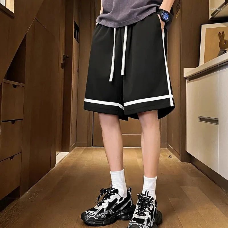 Mäns shorts 2024 sommar japansk stil ficka ljus linje dekoration solid casual elastisk midja dragsko lös knä längd