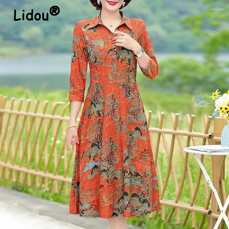 Casual jurken van middelbare leeftijd oudere dameskleding Spring Summer Fashion Print Elegant Rapel 3/4 Sleeve Slim Midi Dress Vestido