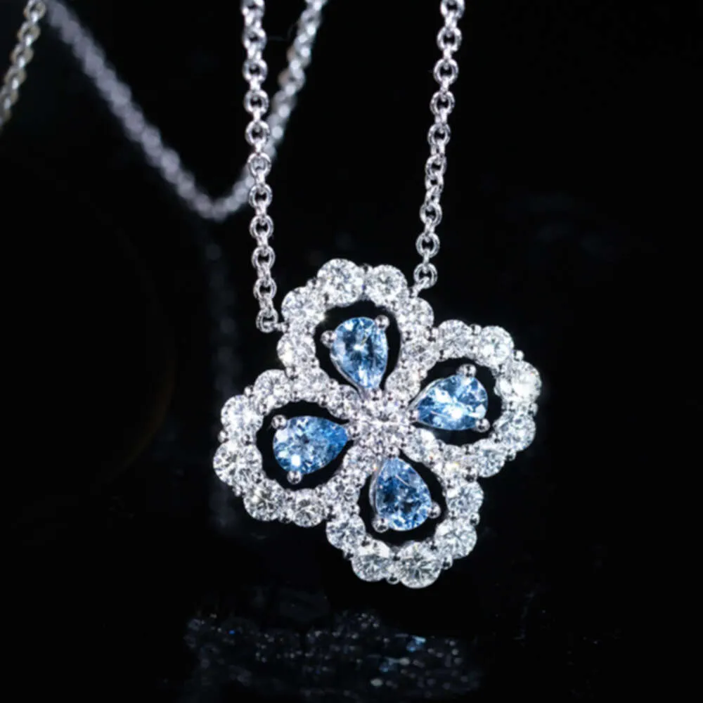 HW Designer smycken hänge halsband havsblå fyra bladklöver halsband för kvinnor minimalistisk och nisch mångsidig blomma ny benben kedja