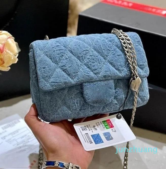 Diseñador - Bolsos de bolsos Mini Flap Bag Bag Shoulder Blue Denim Canvas Ajuste Correa de la cadena de plata Mujer de hombro