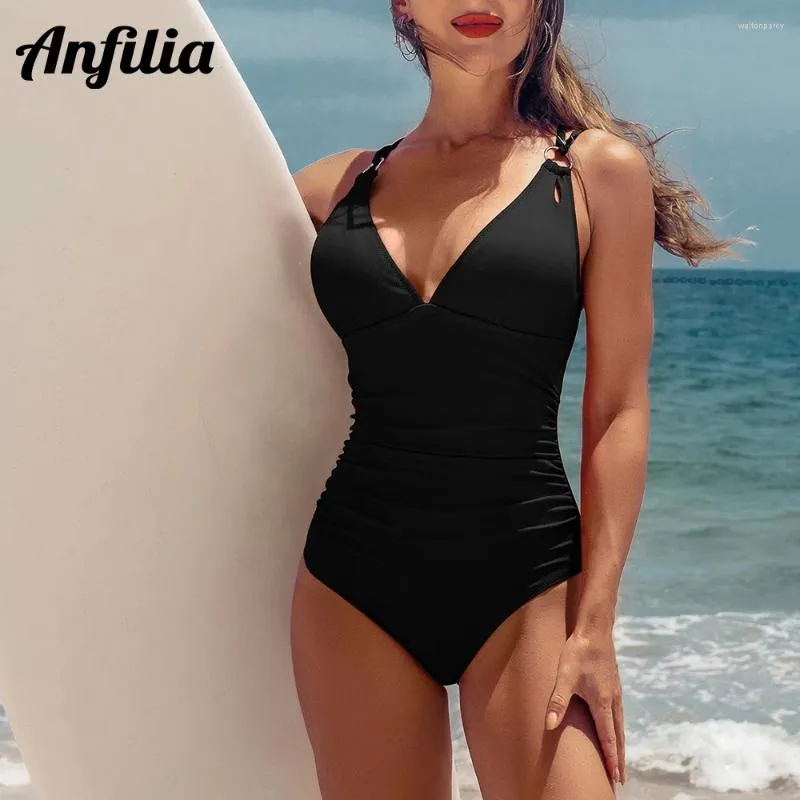 Frauen Badebekleidung Anfilia Frauen ein Stück Badeanzug Mode sexy Deep V Hals hoch geschnittene Rötee Monokini Solid Color Backcross