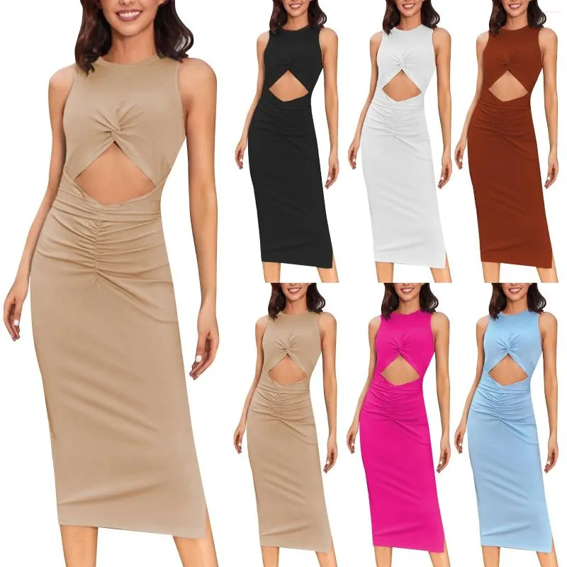 Casual Dresses Women's Ribbed Knit Dress With Cutout Sleeves And Pleated Hem Slit Temperament Youthful Slim-Type Ropa Para Mujer