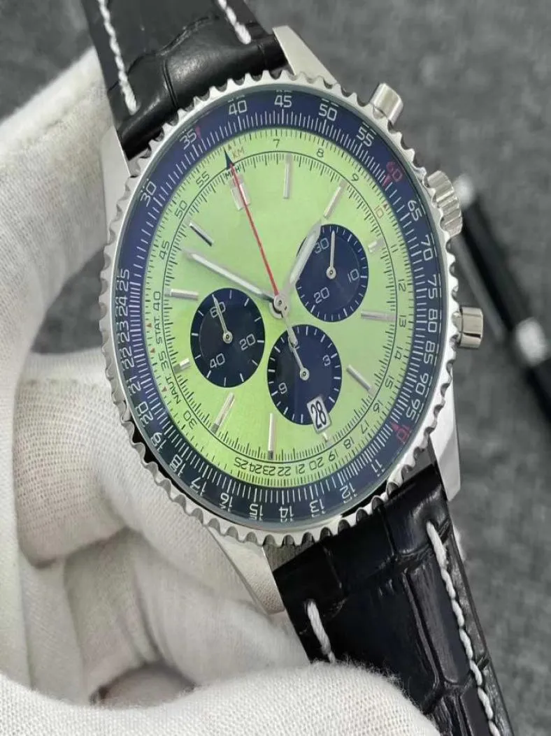 B01 46 mm Kwaliteit Navitimer Watch Chronograph Quartz Beweging Steel Mint Green Black Dial 50th Anniversary Men Watch lederen band 3823065