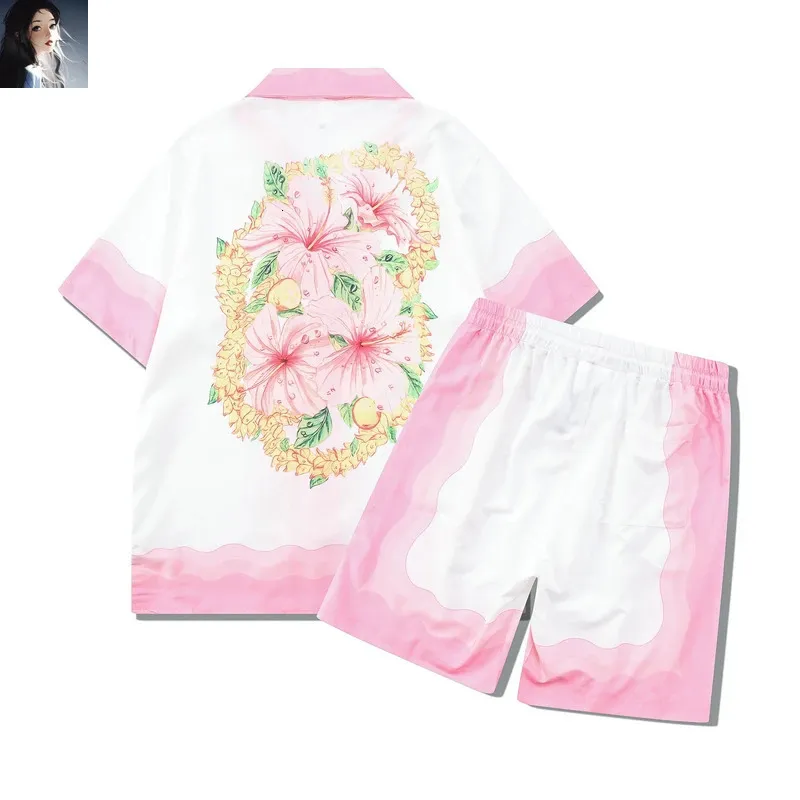 Couleur de couleur blanc rose Match Flower Imprimer Shorts Shirts Set High Quality Femmes Femmes Thin Tissu Hawaii Beach Holiday Surf Suit Summer 240428