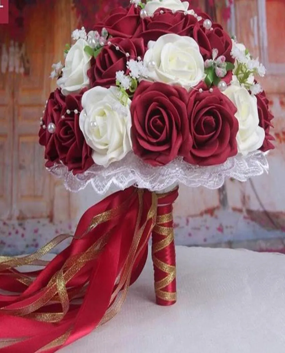 2016 Cheap Wedding Bouquet PinkRedWhiteBurgundy Bridal Bridesmaid Flower Artificial Flower Rose Bouquet Bride Buque de noiva7779000
