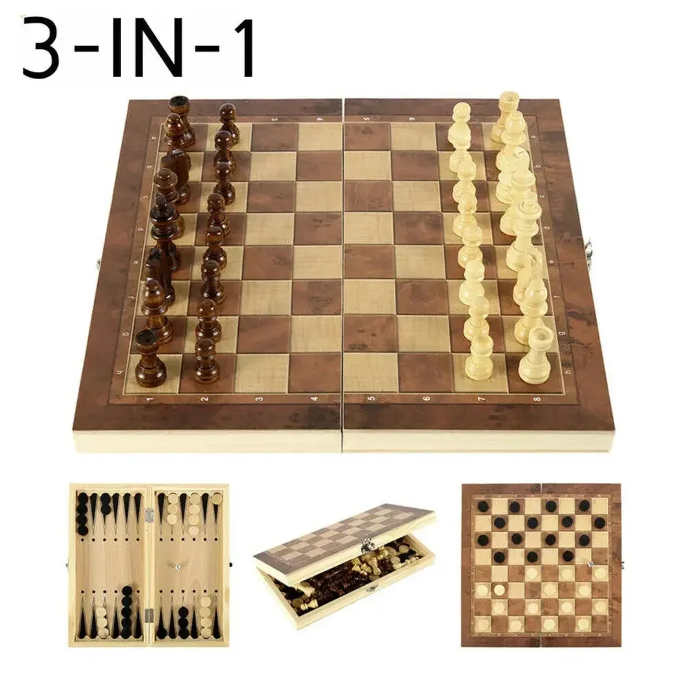 24x24cm 3in1 International Chess Set houten vouwen schaken binnen entertainment draagbare bord game checker verjaardag cadeau voor kind 240415