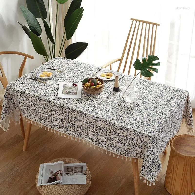 Tableau de table A227 style rétro bleu et blanc en porcelaine coton lin ins rectangulaire nappe