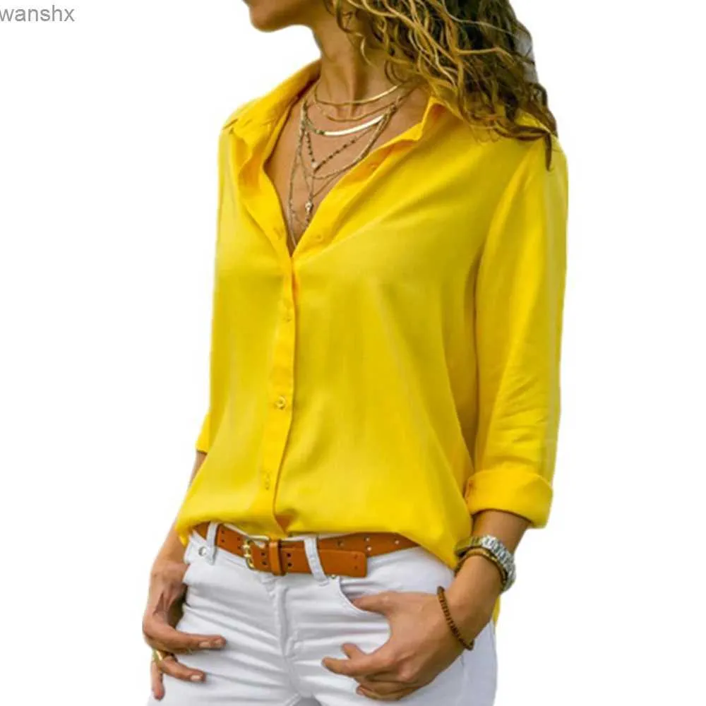 Kadınlar bluz gömlekleri kadın sarı şifon gömlek seksi sonbahar uzun kollu düğme asimetrik gömlek kadın iş kıyafetleri gömlek büyük boy arj-196yl2405