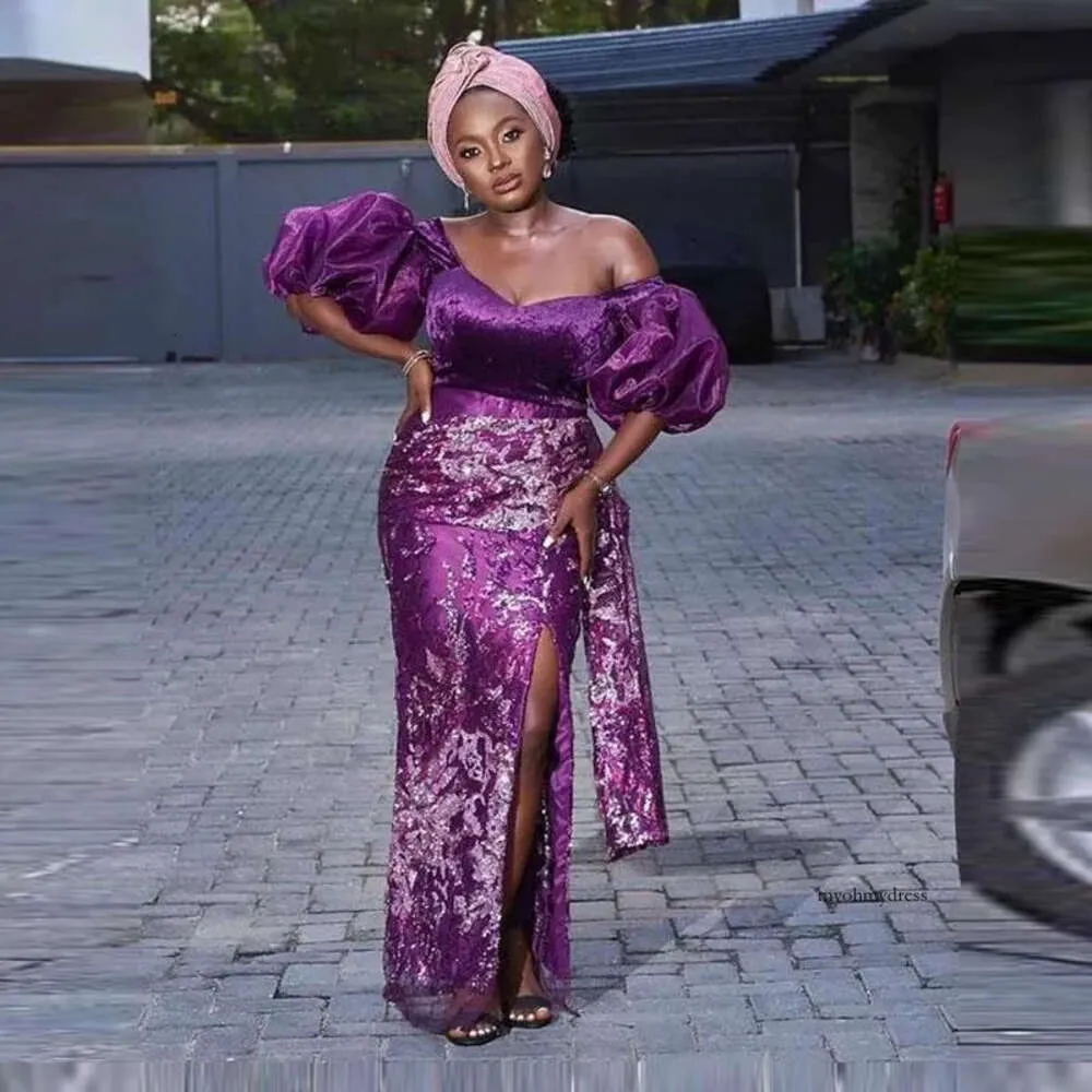 Aso Ebi Style Purple Romaid Вечерние платья с плеча наполовину рукавов аппликации кружевные формальные женщины плюс размер сплит для вечеринок 0431