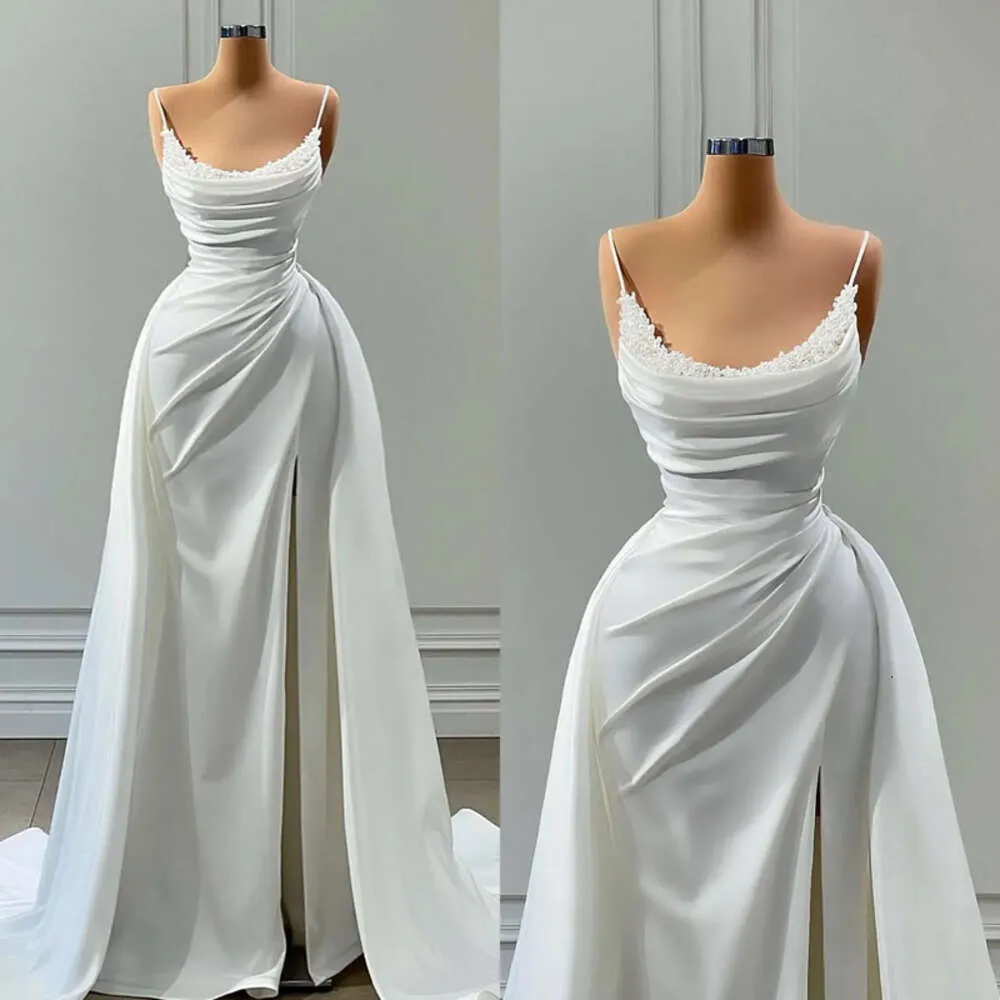 A OGStuff Ausschnittslinie Kleid elegante Perlen Überwachungshochkleider Falten Vestidos de Novia Sweep Train Split Designer Brautkleider Es Signer