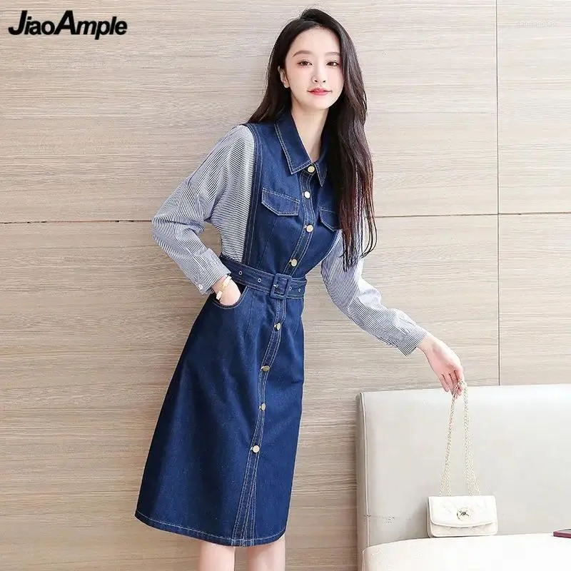 Lässige Kleider Frauen Denim Kleider Frühling Herbst 2024 Korean Slim Patchwork Stripe Shirt Hemd Ärmel A-Line Mini Lady Modekleidung