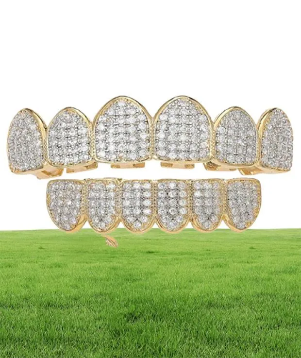 Iced Out Grillz Bling Hip Hop Teeth Grills Caps Silver Gold Cubic Zirconia Teeth Top Bottom Dental Grills Rock Jewelry2629725