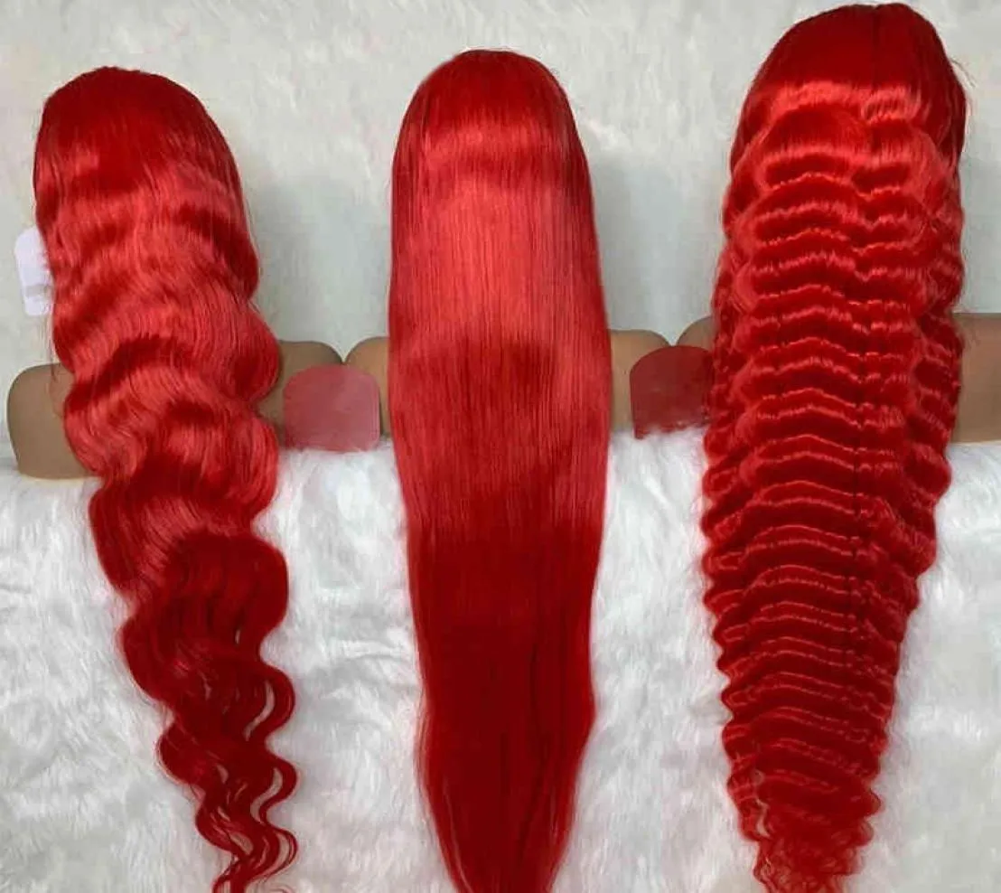 Wholale Color Red Body Wave Brasilian Human Hair Pre Plucked 13x6 peruk för kvinnor remy spets framkant 6788240