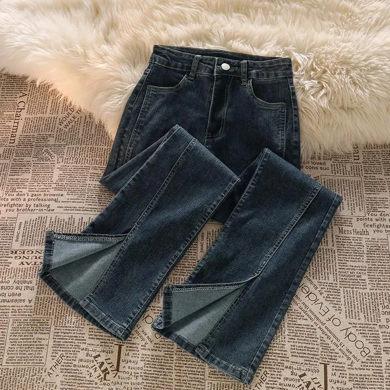 Kvinnors jeans höga midja kvinnor 2024 Spring Autumn Retro Split Micro Bell-Bottoms Versatile Slim Casual Straight Byxor