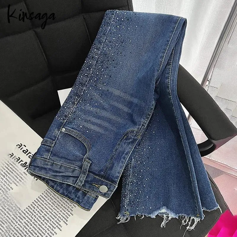 Women's Jeans Sequins Studded Rhinestone Trumpet Women Shaping Skinny Stretch Flared Denim Ninth Trouser Korean Frayed Ankle Length Pant