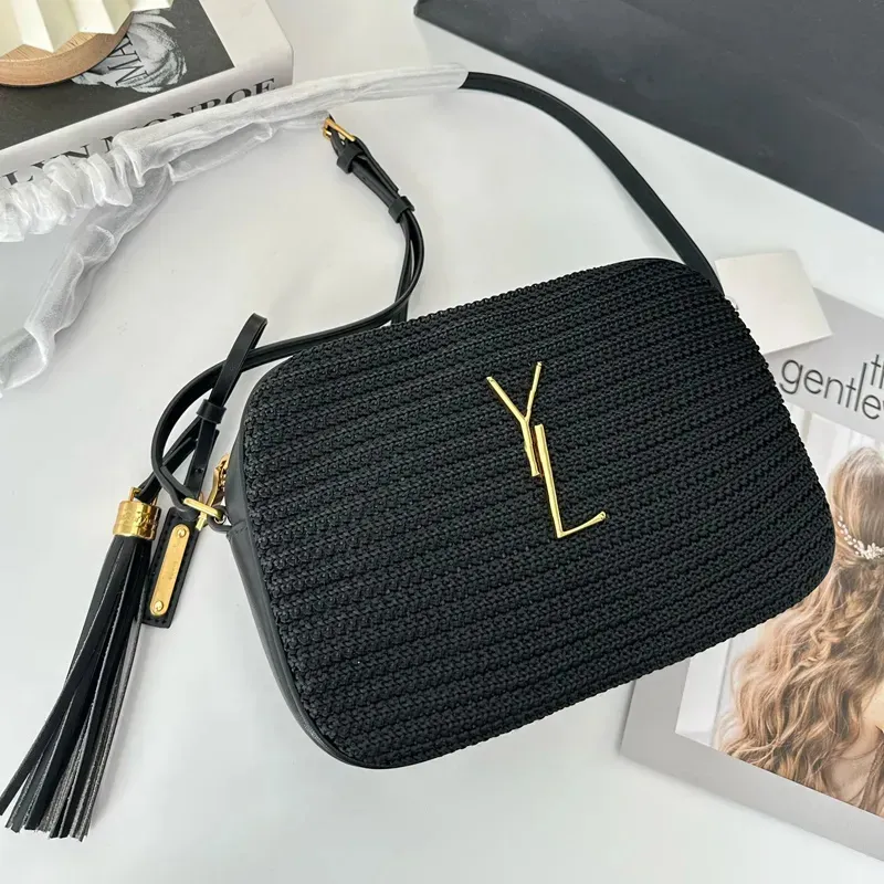 Women splot sprzęgła Raffias Lou Tassel Camera torba męska słoma lusel luksurys designer Travel Crossbody Bag moda lady torebka torebki na ramię