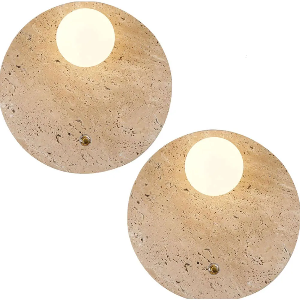Набор из 2 каменных настенных ламп со стеклянным абажур - круглое круглое транвертин -стены с базой G9, выключатель для спальни, гостиная, тщеславие для ванной комнаты