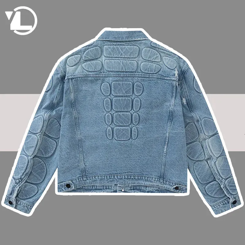 Retro konvexe Schildkrötenschale Denim Jacke Männer Hip Hop gerissen Loch Lose Harajuku Bomberschichten Kumpelst Street Herbst Jeans Outwear 240428