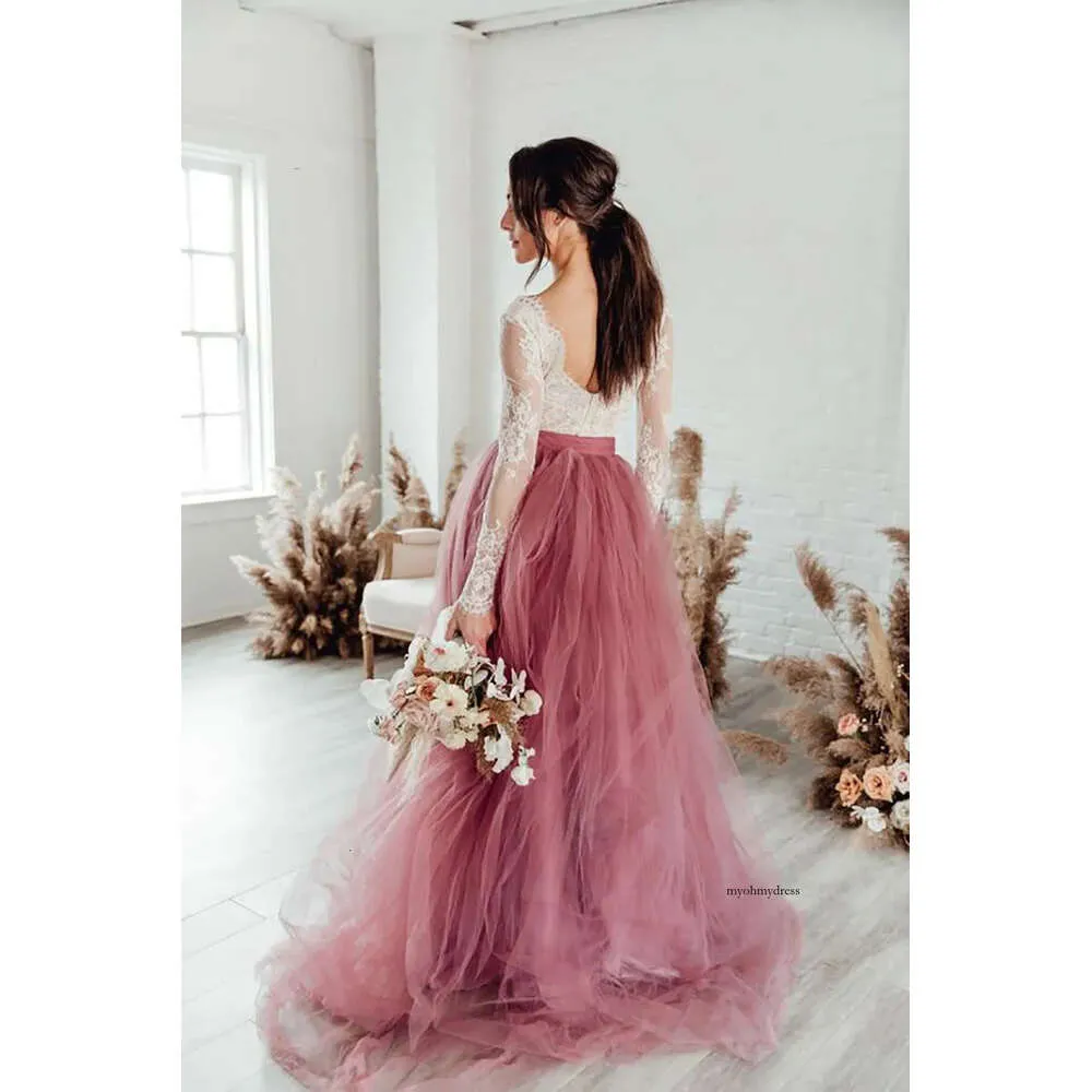 2021 Een lijn stoffige roze kanten strand bruid jurken trein elegante bruiloft boho bruidsjurken 0431