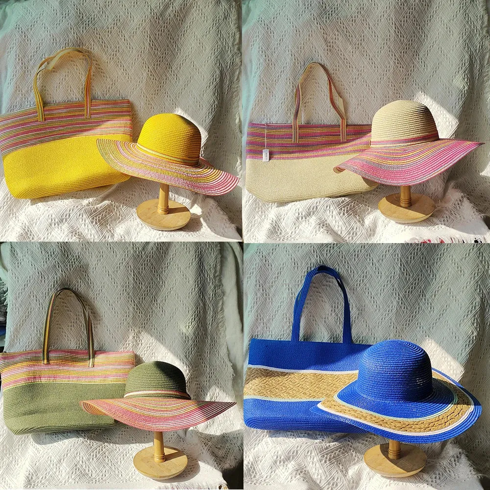 Chapéu e bolsa Conjunto feminino Design listrado Summer Straw Hat Bag Travel Saco de viagens A moda e respirável chapéu de palha feminina praia chapéu 240428