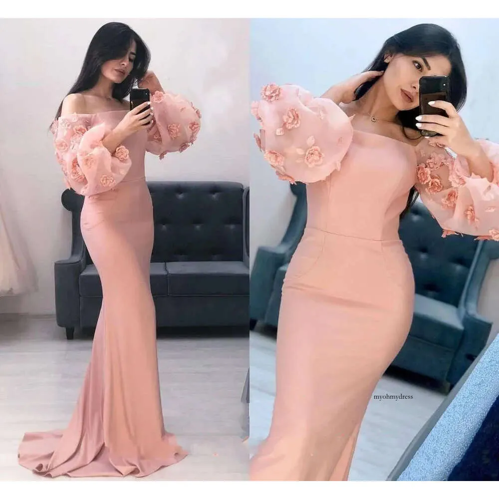 New Designer Cheap Aso Ebi Pink Arabic Mermaid Prom Dresses 3D-Floral Appliques Long Sleeves Elegant Formal Dress Evening Gowns Wear 0430