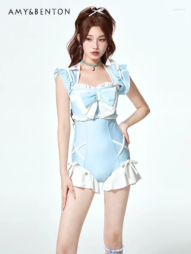 Swimwear femminile giapponese Sweet Cute Bow One Piece Swimsuit Spring Summer Style preppy Kawaii Patchwork Sleeveless Students
