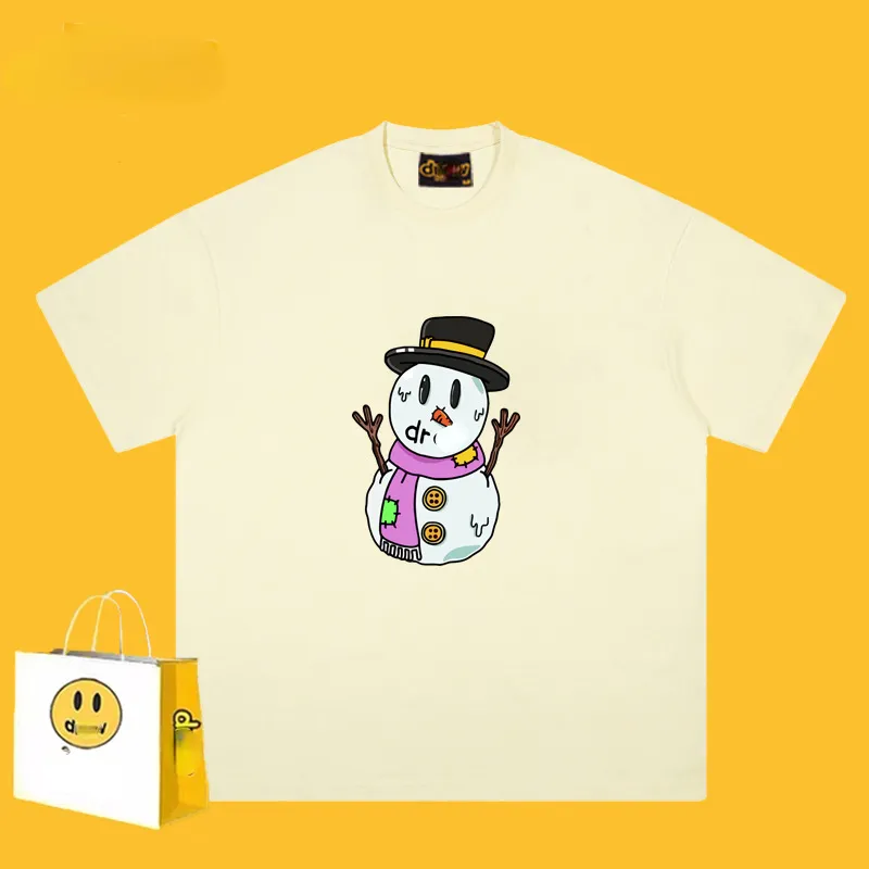 Trendigt varumärke smiley face t-shirts snögubbe tryck kortärmad tungvikt 260 g bomull Löst montering tees
