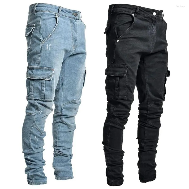 Calça de carga de jeans masculina de jeans masculina de jeans de jeans lavagem de cor sólida de cor maciço