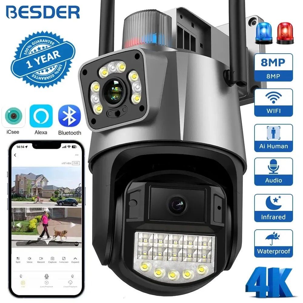 Besder 8MP Ptz WiFi aparat z podwójnym ekranem Nocny wizję na zewnątrz 4MP Security Camera CCTV Kamera nadzoru ICSEE App 240430