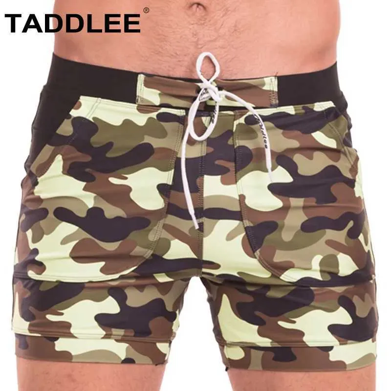 Herrbadkläder Taddlee Brand Sexiga herr Swimsuit Boxning Relä Kamouflagebrädet Shorts Pocket Surfing New Q240429