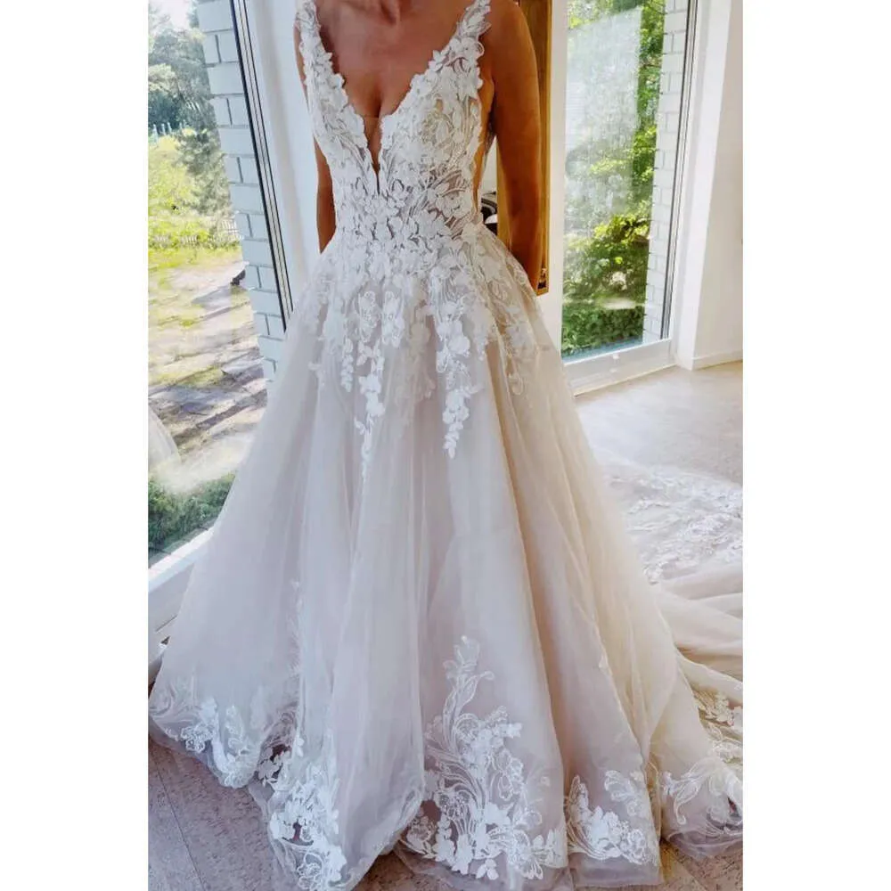 Wedding Summer Bohemian Lace Tulle Dresses A Line V Neck Appliques Bridal Gowns Plus Size Robes De Mariage Bc14398 Ppliques Ppliques ppliques