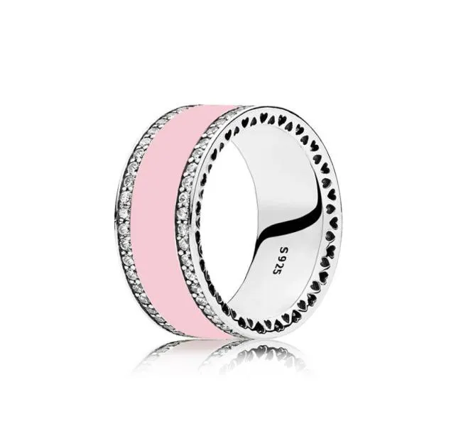 925 Sterling Silver Radiant Hearts Air Pink White Emamel Ring Syntetic Spinel Fit Silver Smycken Kvinnor Wedding Ring Original Box3517085