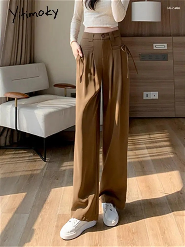 Pantalon féminin Yitimoky High Waited Cleings Femmes coréennes Fashion solide chic Lacet Up Wide Leg Bureau Dames Casaul Straight