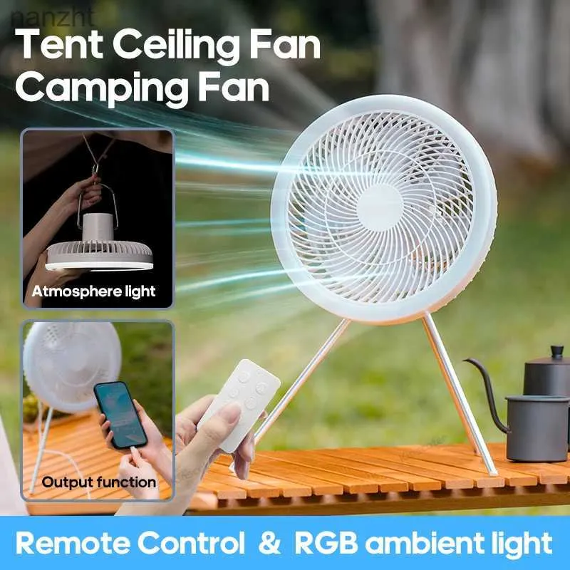 Elektriska fläktar 10000mAh campingfläkt Uppladdningsbar skrivbord Portable Circulator Trådlös tak Electric Fan med Power Pack LED Stativ Remote Controlwx