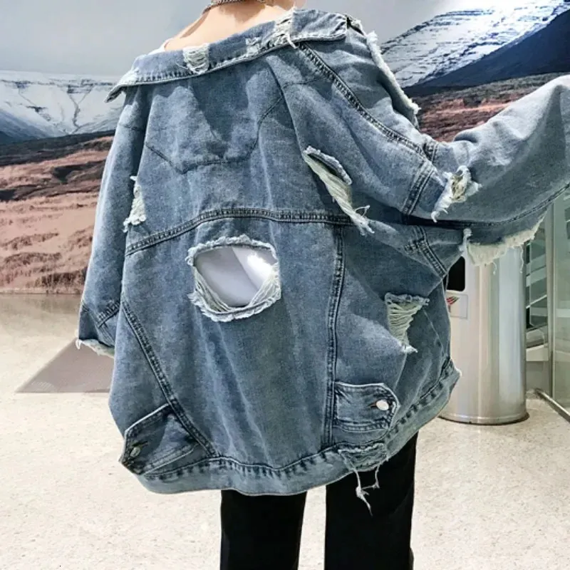 Men's Distressed Denim Jacket - Ripped Y2K Streetwear, Loose Fit, Blue, Hip Hop Biker Style Men's Distressed Denim Jacket - Ripped Y2K Streetwear, Loose Fit, Blue, Hip Hop Biker Style