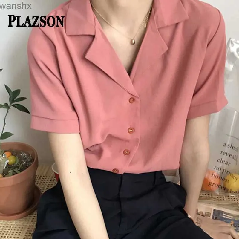 Women's Blouses Shirts PLAZSON Summer Short sleeved Womens Polo Collar Single breasted Solid Basic Shirt East Gate Korean TopL2405