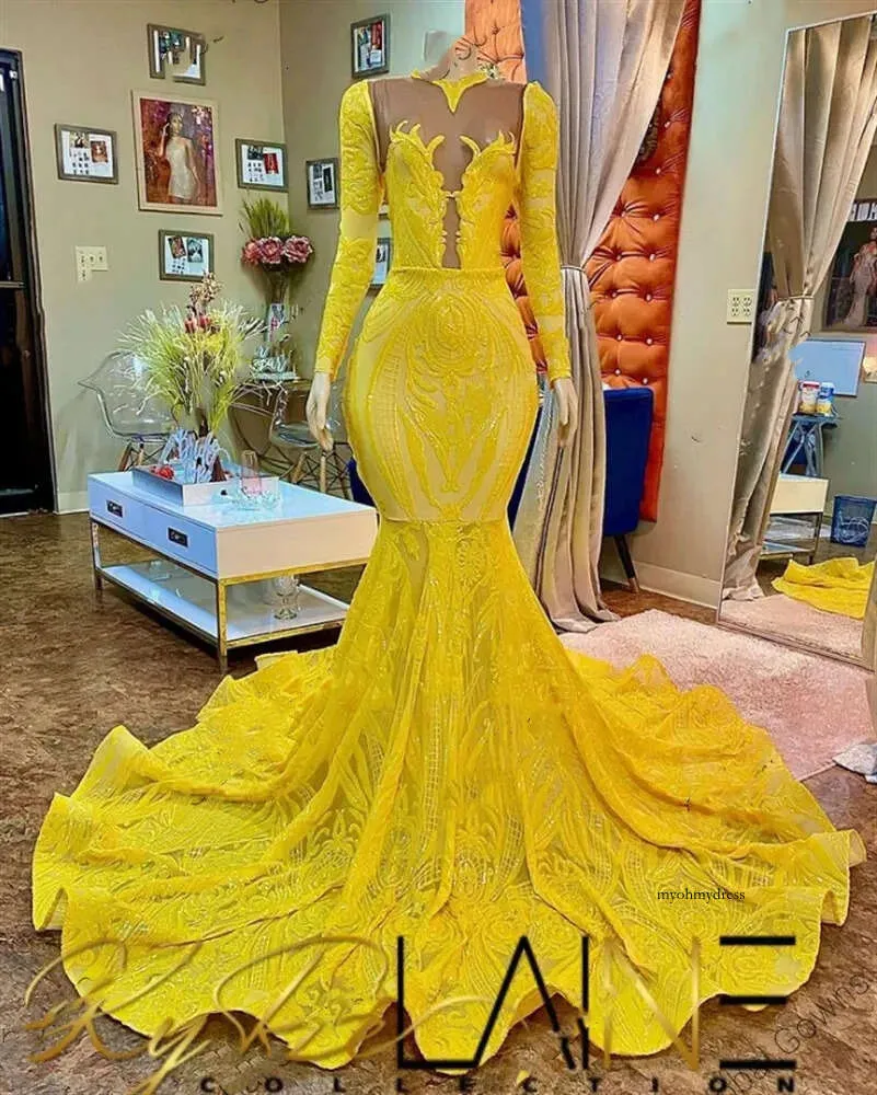 2022 Elegant Yellow Sheer O-Neck Yellow mermaid prom dress for Black Girls with Appliques - Perfect for Birthday Parties, Graduations, and More (Robe 2022 Elegant Yellow Sheer O-Neck Yellow mermaid prom dress for Black Girls with Appliques - Perfect for Birthday Parties, Graduations, and More (Robe